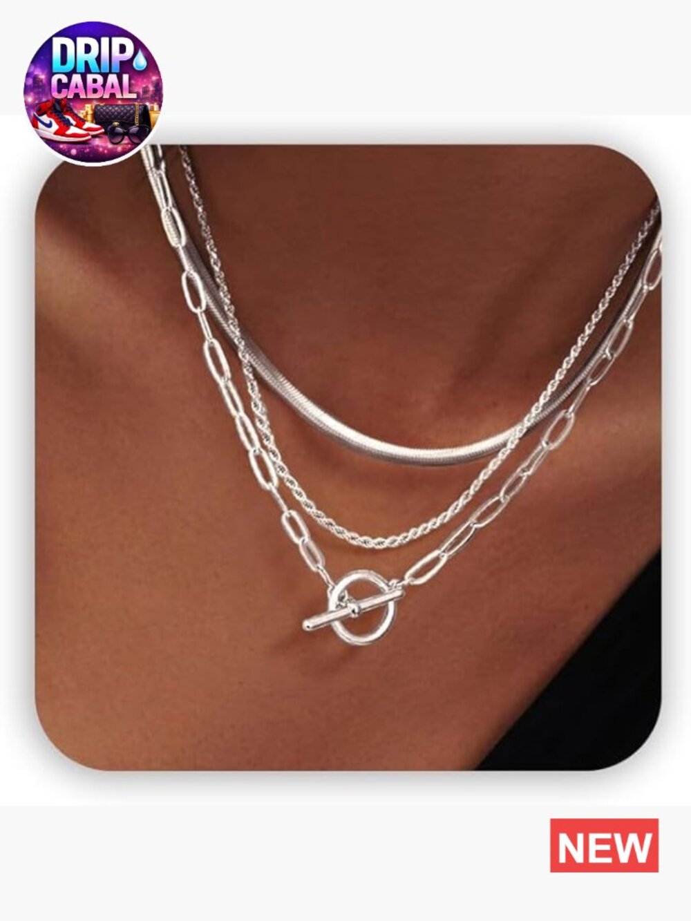 3-Piece Sterling Silver Plated Layered Necklace Set Paperclip Chain Toggle Clasp